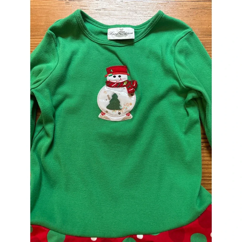 Rare Editions Christmas Dress Kids Green Red‎ Snowman Polka Dot Ruffle SIZE 6
